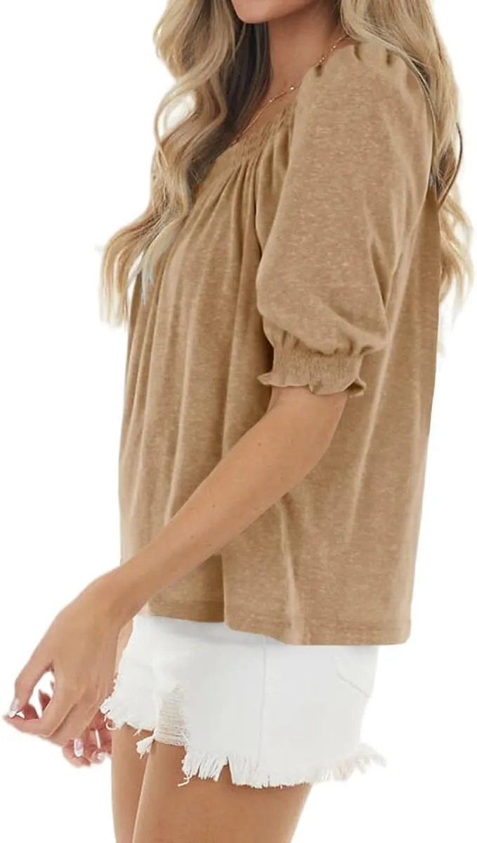 Womens Casual Square Neck Puff Half Sleeve Tops Pleated Loose Basic Summer T Shirts Blouses