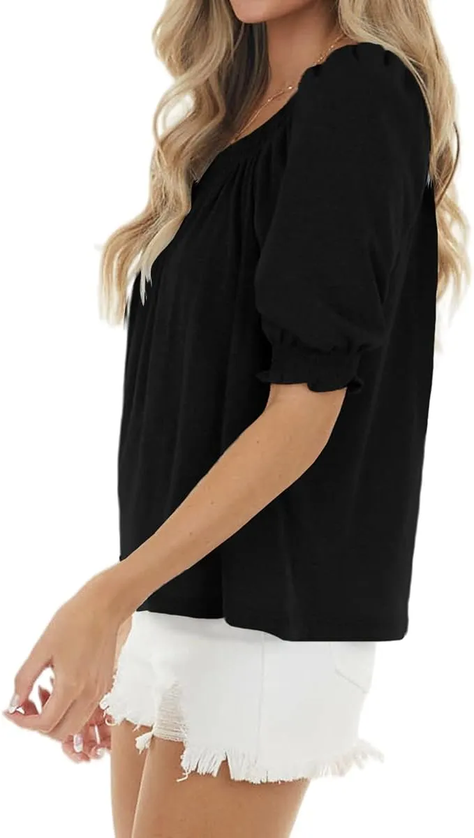 Womens Casual Square Neck Puff Half Sleeve Tops Pleated Loose Basic Summer T Shirts Blouses