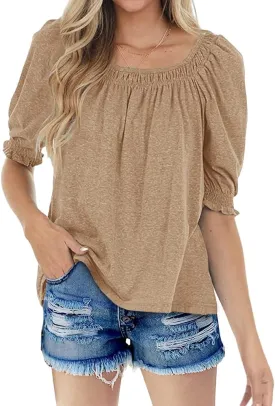 Womens Casual Square Neck Puff Half Sleeve Tops Pleated Loose Basic Summer T Shirts Blouses