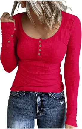 Womens Henley Tops Long Sleeve Fall Winter Henley Top Button Down Slim Fit Tops Basic Ribbed Knit T Shirts 2024
