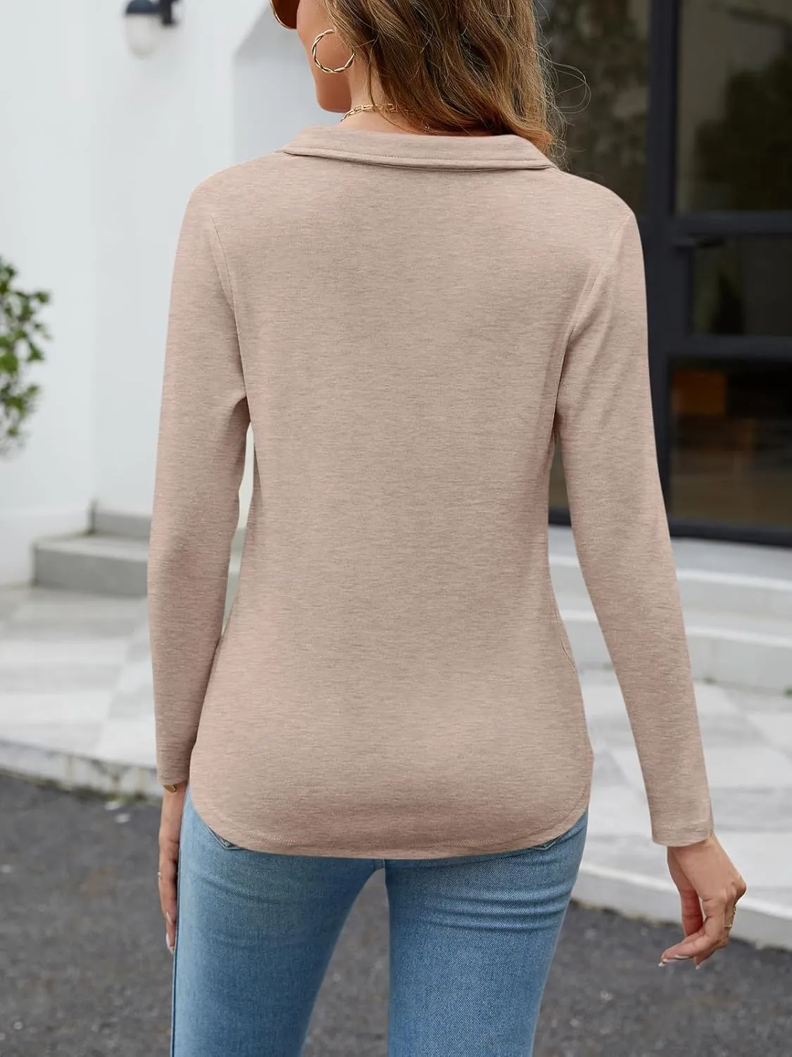 Women's Long Sleeve Shirts V Neck Tunic Tops Dressy Casual Basic Tees Blouse Loose Collar Polos