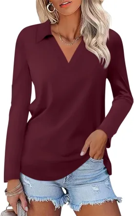 Women's Long Sleeve Shirts V Neck Tunic Tops Dressy Casual Basic Tees Blouse Loose Collar Polos