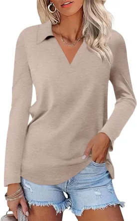 Women's Long Sleeve Shirts V Neck Tunic Tops Dressy Casual Basic Tees Blouse Loose Collar Polos