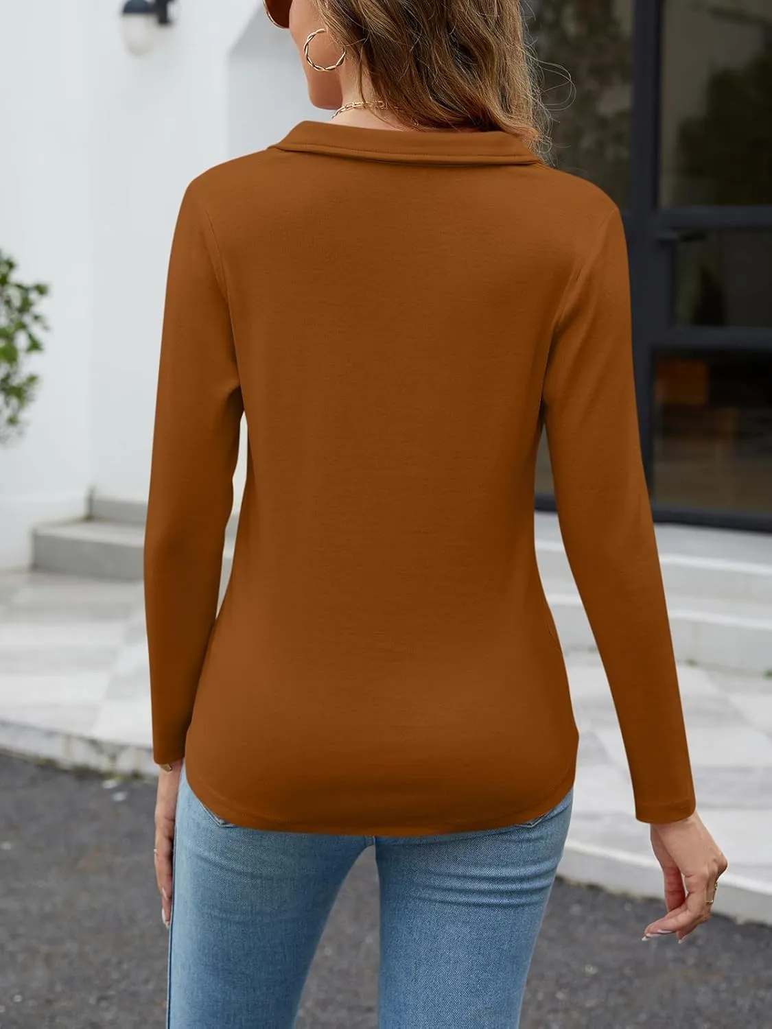 Women's Long Sleeve Shirts V Neck Tunic Tops Dressy Casual Basic Tees Blouse Loose Collar Polos