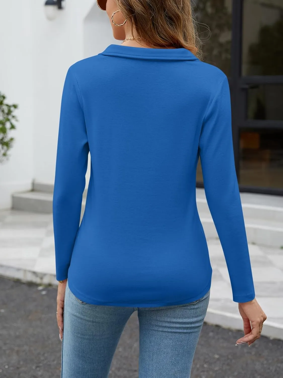 Women's Long Sleeve Shirts V Neck Tunic Tops Dressy Casual Basic Tees Blouse Loose Collar Polos