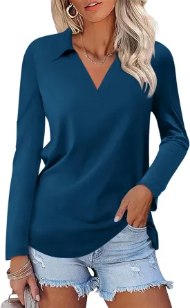 Women's Long Sleeve Shirts V Neck Tunic Tops Dressy Casual Basic Tees Blouse Loose Collar Polos