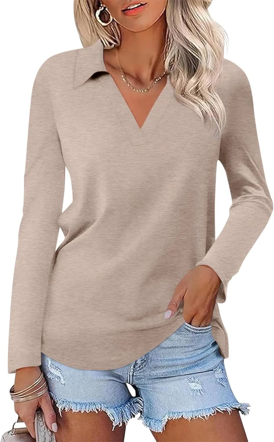 Women's Long Sleeve Shirts V Neck Tunic Tops Dressy Casual Basic Tees Blouse Loose Collar Polos