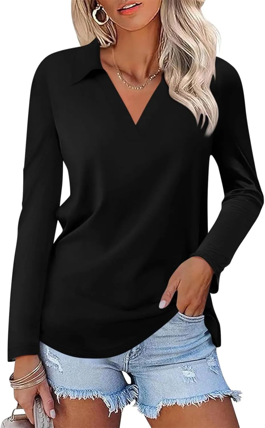 Women's Long Sleeve Shirts V Neck Tunic Tops Dressy Casual Basic Tees Blouse Loose Collar Polos