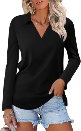 Women's Long Sleeve Shirts V Neck Tunic Tops Dressy Casual Basic Tees Blouse Loose Collar Polos