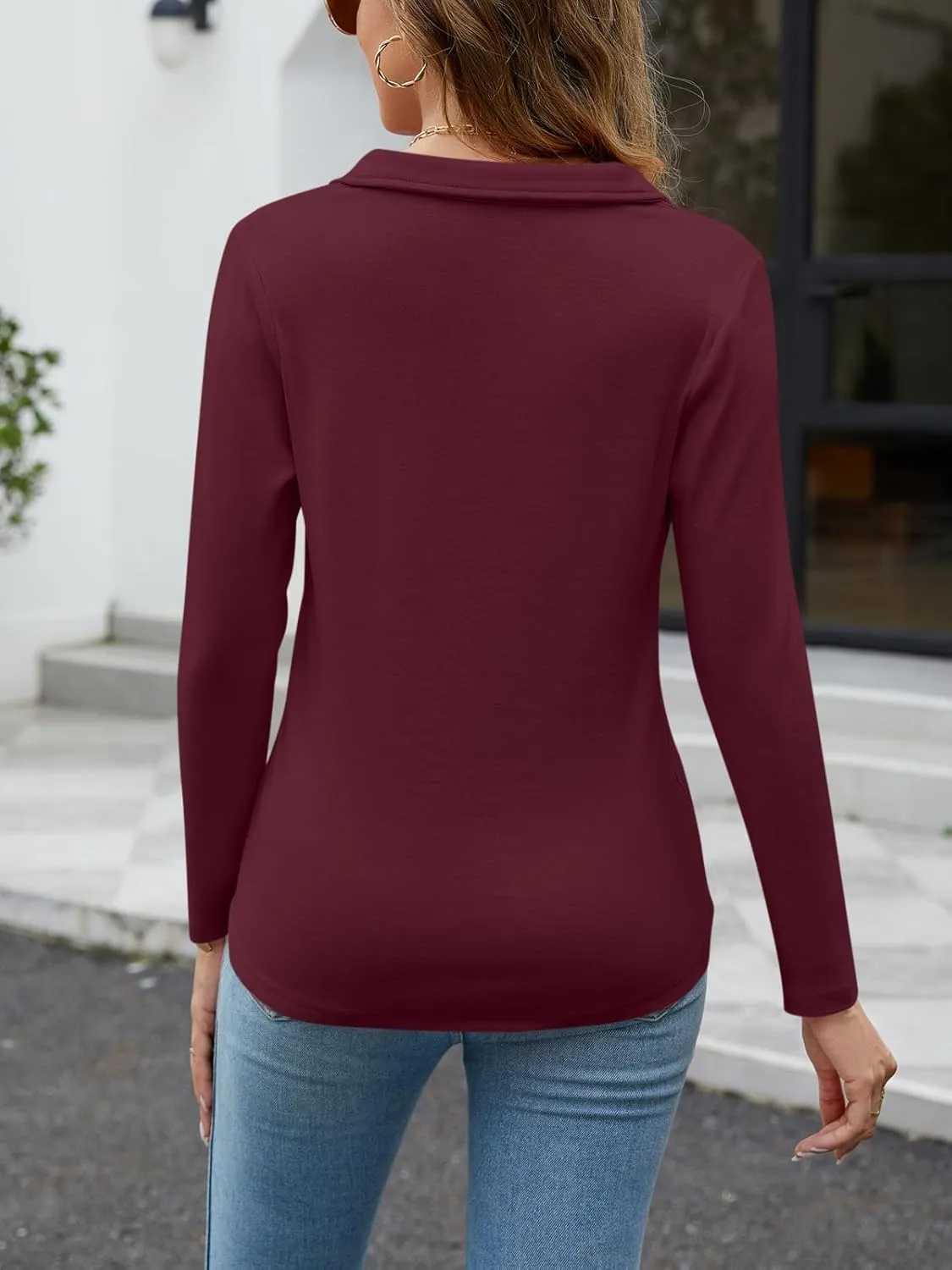 Women's Long Sleeve Shirts V Neck Tunic Tops Dressy Casual Basic Tees Blouse Loose Collar Polos