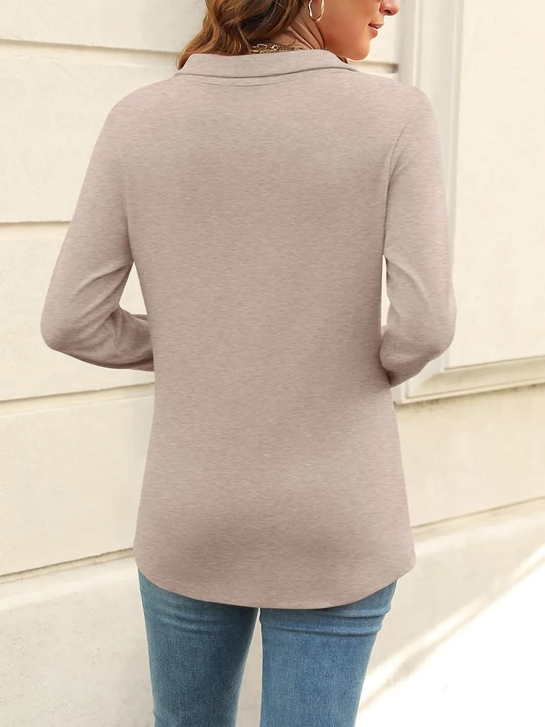 Women's Long Sleeve Tops V Neck Button Polo Shirts Casual Basic Tees Blouse