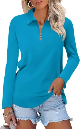 Women's Long Sleeve Tops V Neck Button Polo Shirts Casual Basic Tees Blouse