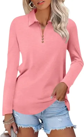 Women's Long Sleeve Tops V Neck Button Polo Shirts Casual Basic Tees Blouse