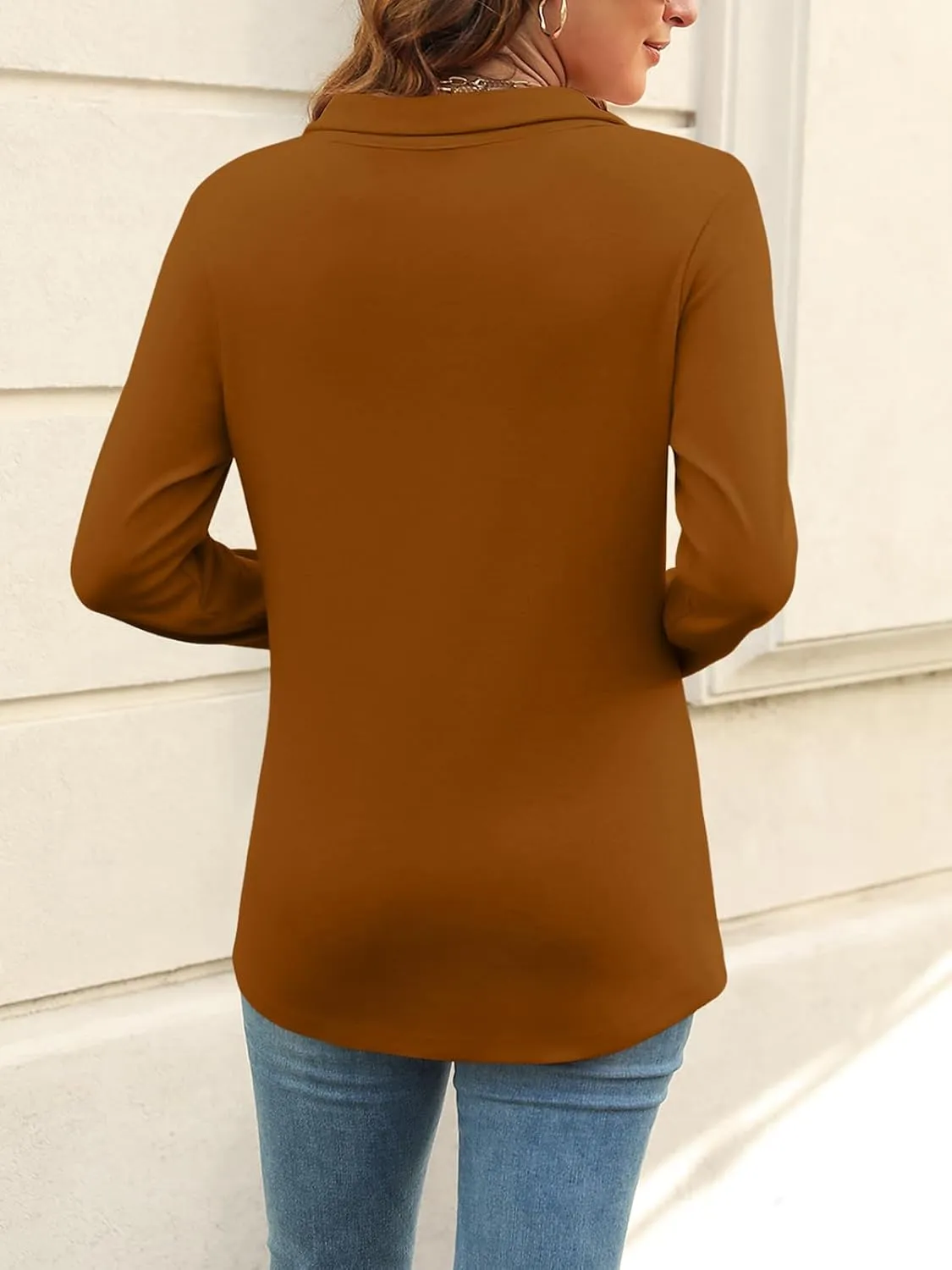 Women's Long Sleeve Tops V Neck Button Polo Shirts Casual Basic Tees Blouse