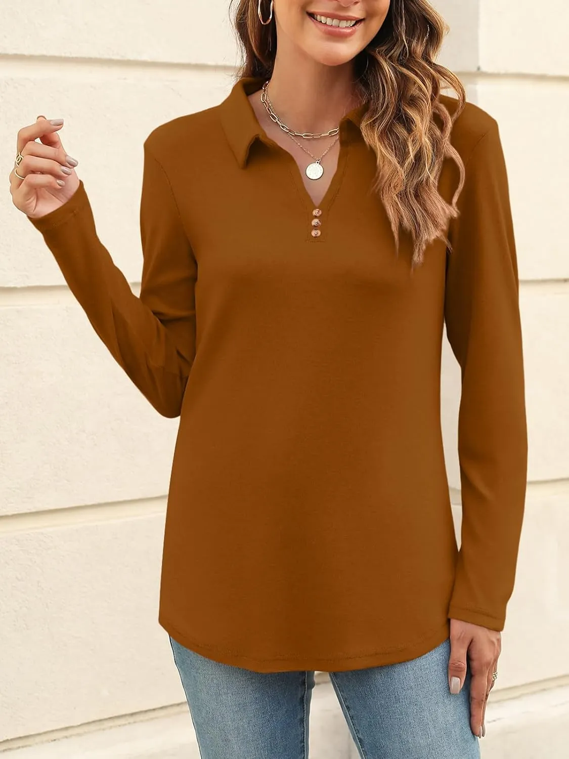 Women's Long Sleeve Tops V Neck Button Polo Shirts Casual Basic Tees Blouse