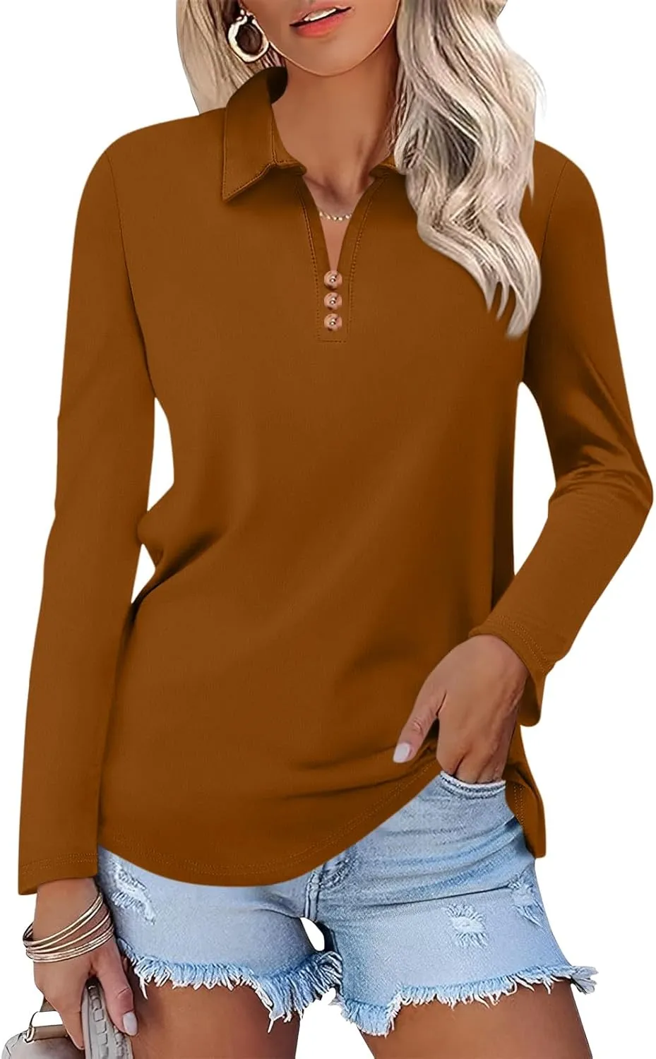 Women's Long Sleeve Tops V Neck Button Polo Shirts Casual Basic Tees Blouse