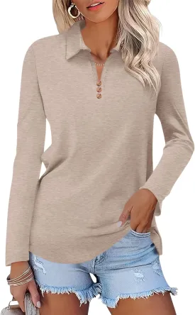 Women's Long Sleeve Tops V Neck Button Polo Shirts Casual Basic Tees Blouse