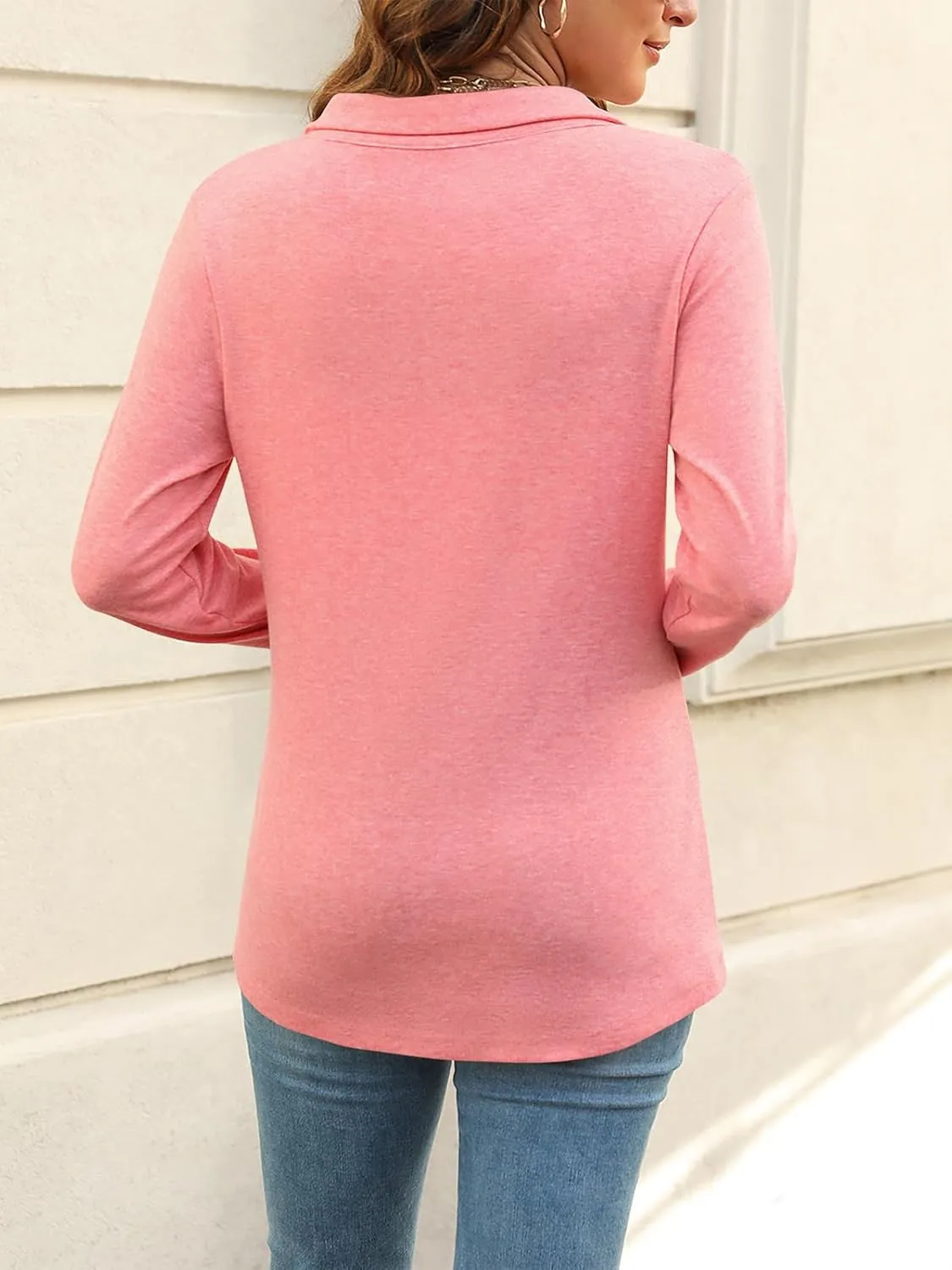 Women's Long Sleeve Tops V Neck Button Polo Shirts Casual Basic Tees Blouse