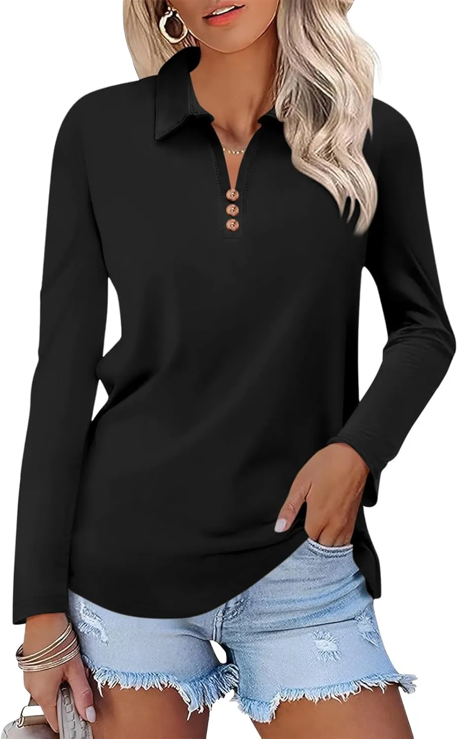 Women's Long Sleeve Tops V Neck Button Polo Shirts Casual Basic Tees Blouse