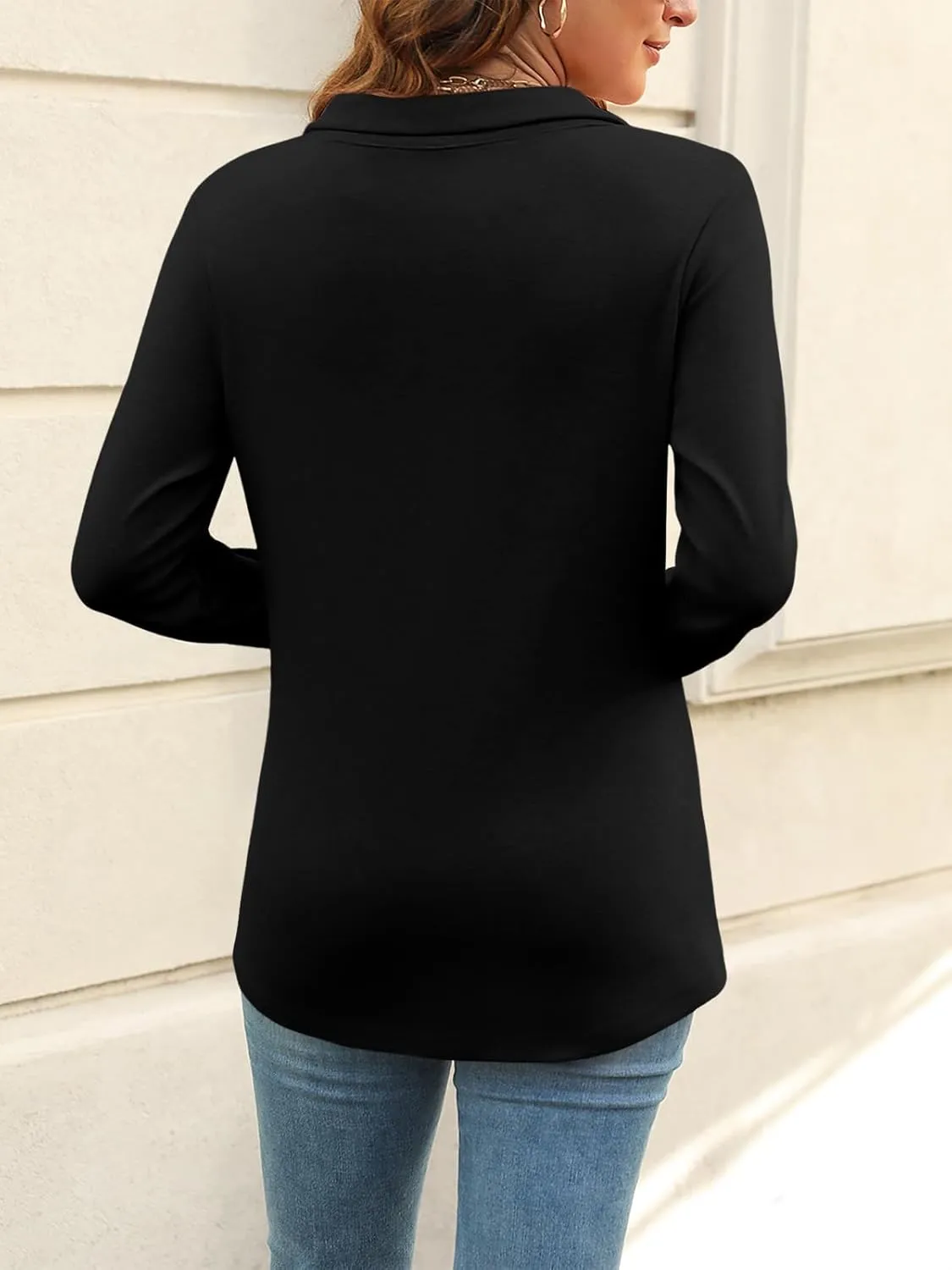 Women's Long Sleeve Tops V Neck Button Polo Shirts Casual Basic Tees Blouse