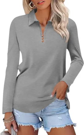 Women's Long Sleeve Tops V Neck Button Polo Shirts Casual Basic Tees Blouse