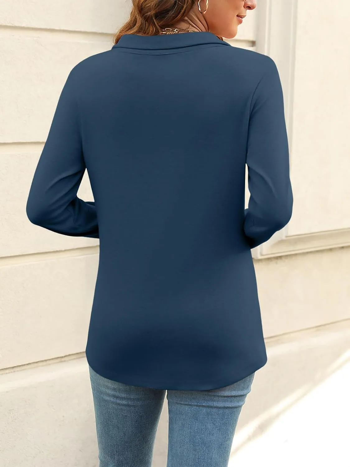 Women's Long Sleeve Tops V Neck Button Polo Shirts Casual Basic Tees Blouse