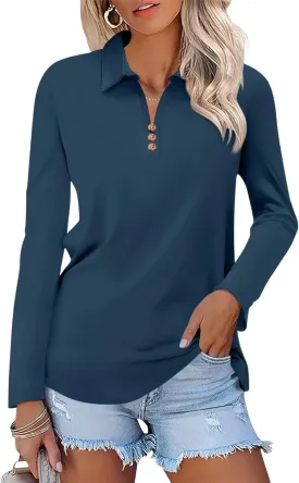 Women's Long Sleeve Tops V Neck Button Polo Shirts Casual Basic Tees Blouse