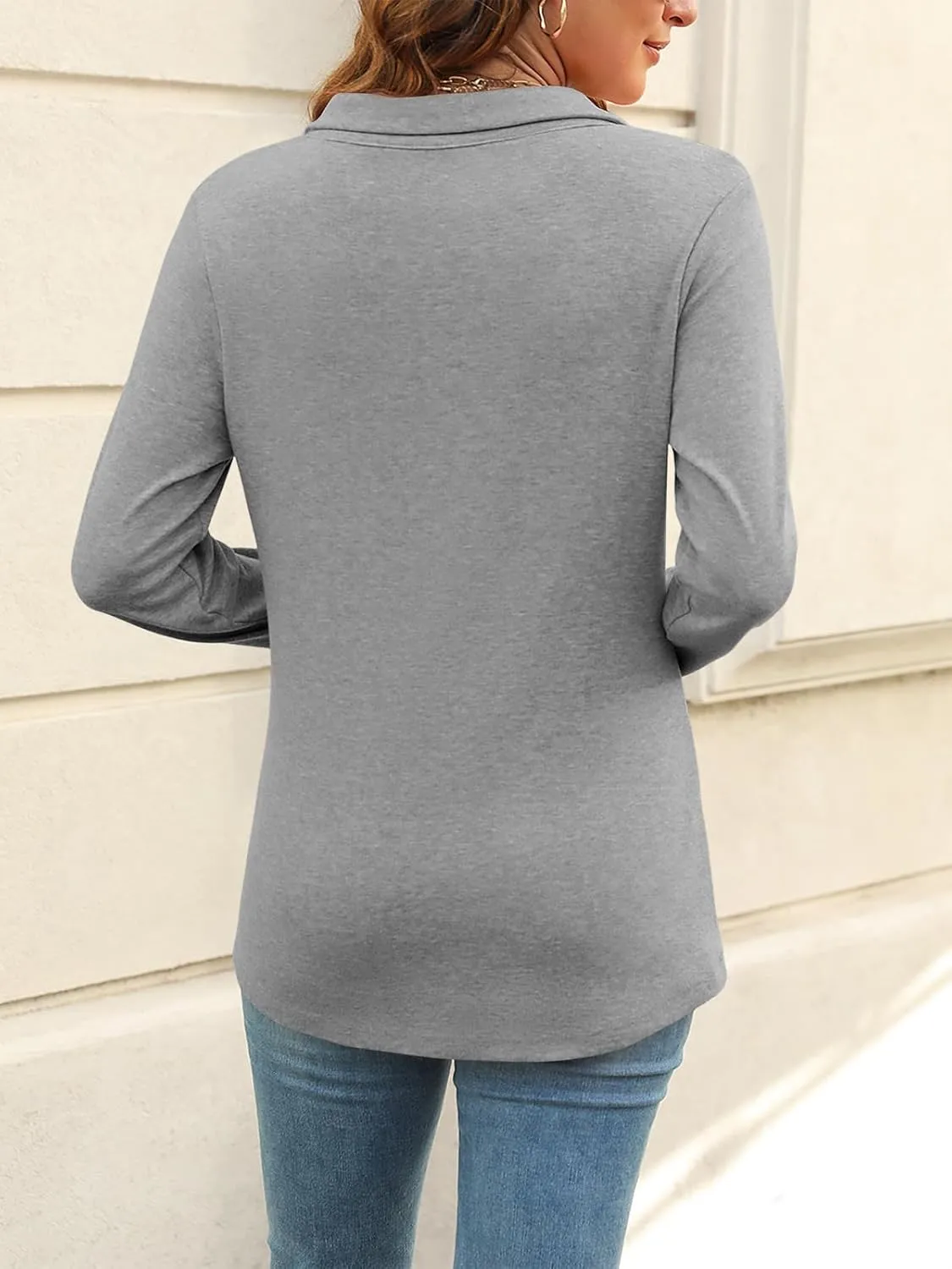Women's Long Sleeve Tops V Neck Button Polo Shirts Casual Basic Tees Blouse