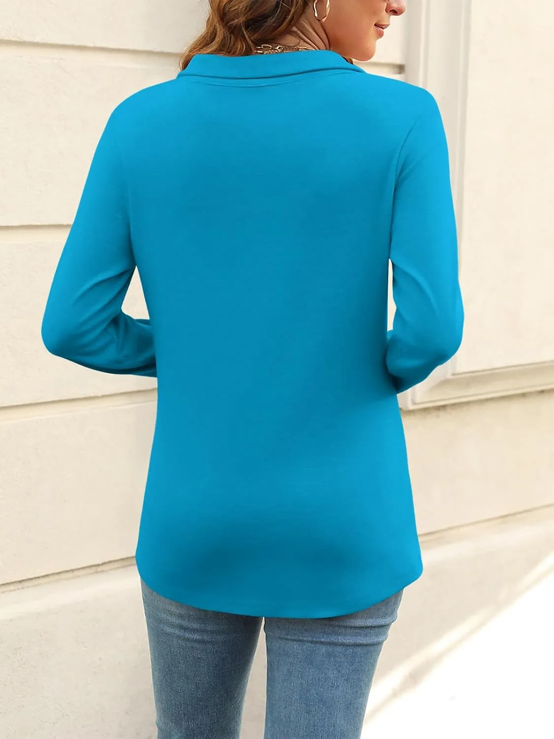 Women's Long Sleeve Tops V Neck Button Polo Shirts Casual Basic Tees Blouse