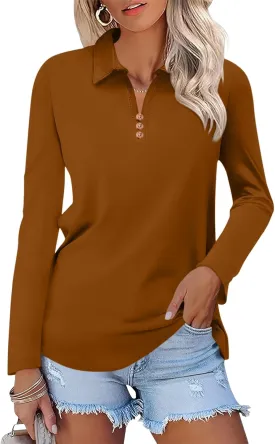 Women's Long Sleeve Tops V Neck Button Polo Shirts Casual Basic Tees Blouse