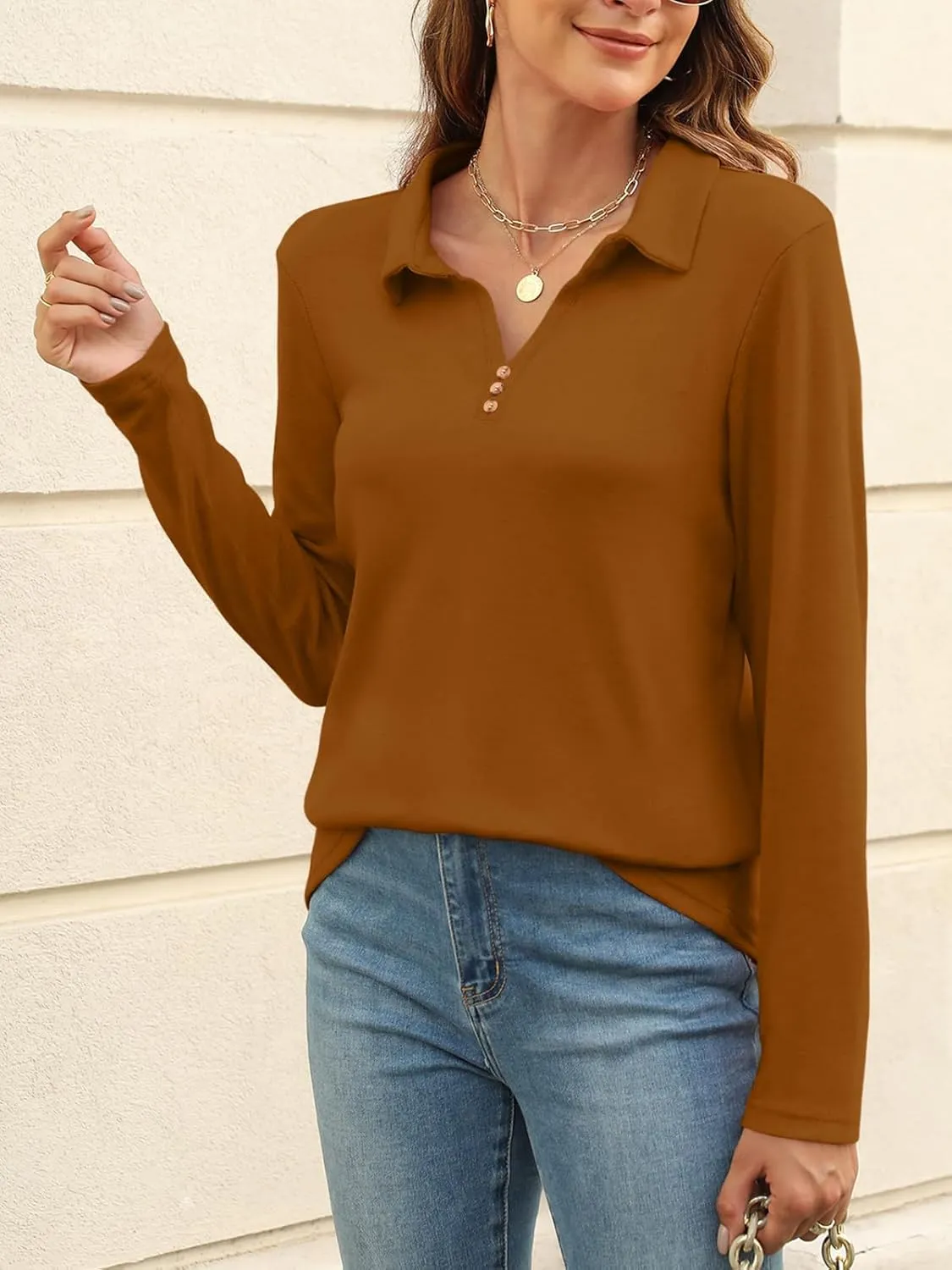Women's Long Sleeve Tops V Neck Button Polo Shirts Casual Basic Tees Blouse