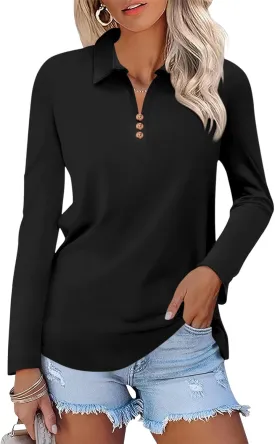 Women's Long Sleeve Tops V Neck Button Polo Shirts Casual Basic Tees Blouse