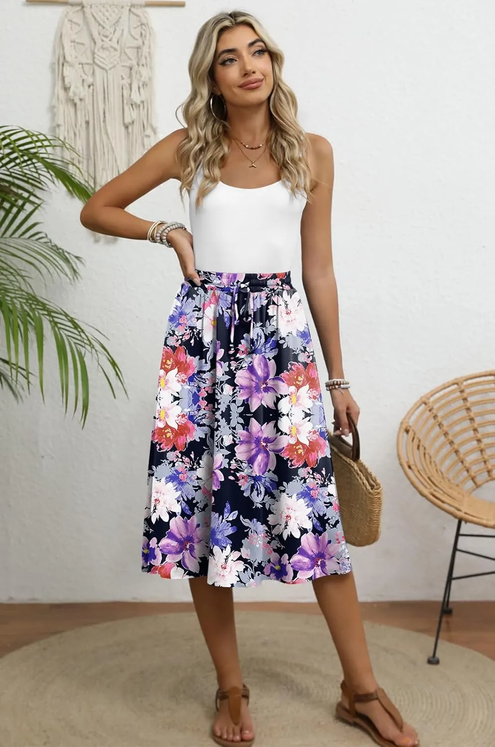 Women's Midi Skirt Summer Pleated Flowy Elastic High Waisted Skirts with Pockets