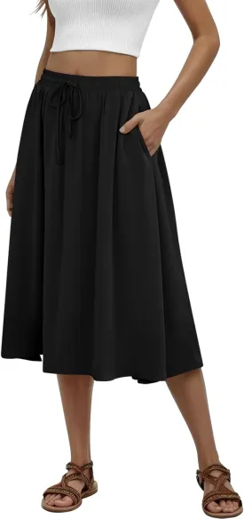 Women's Midi Skirt Summer Pleated Flowy Elastic High Waisted Skirts with Pockets