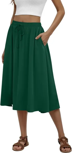 Women's Midi Skirt Summer Pleated Flowy Elastic High Waisted Skirts with Pockets