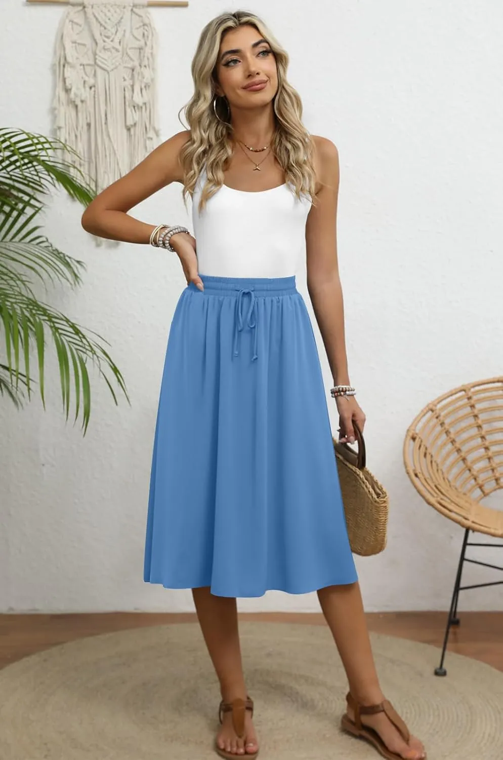 Women's Midi Skirt Summer Pleated Flowy Elastic High Waisted Skirts with Pockets