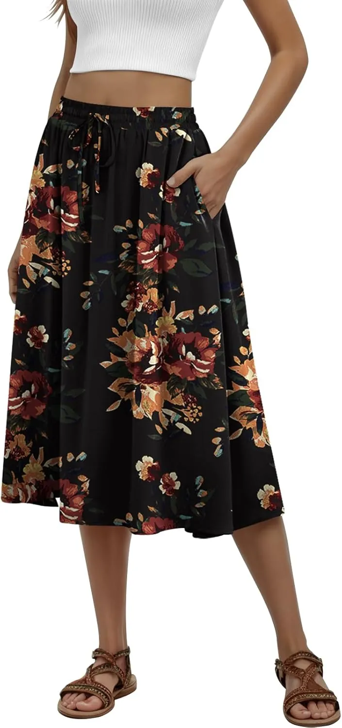 Women's Midi Skirt Summer Pleated Flowy Elastic High Waisted Skirts with Pockets