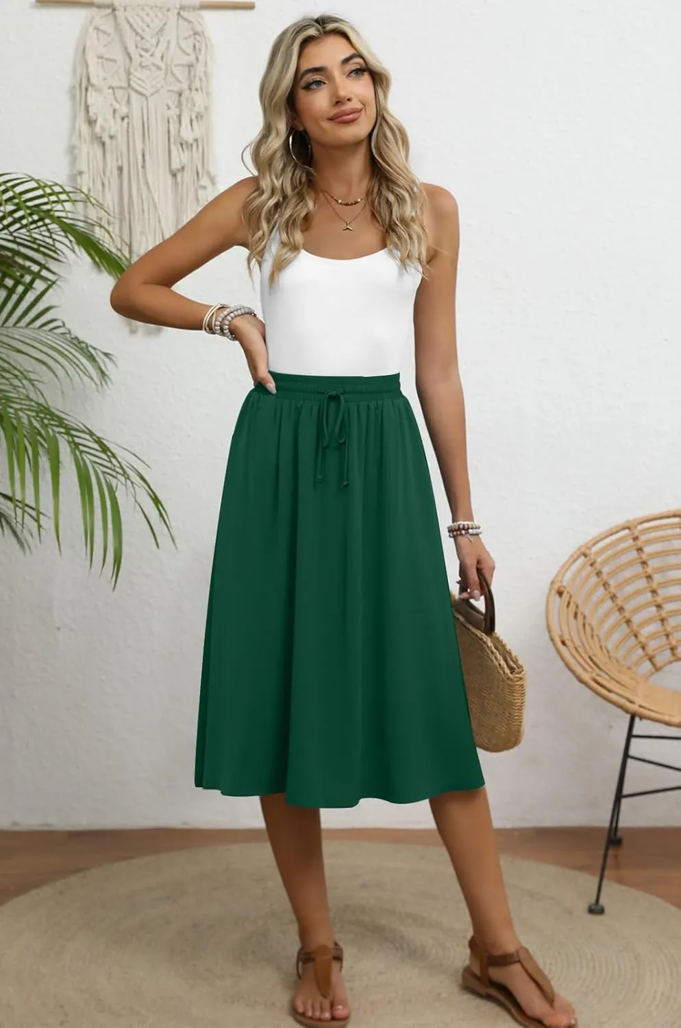 Women's Midi Skirt Summer Pleated Flowy Elastic High Waisted Skirts with Pockets