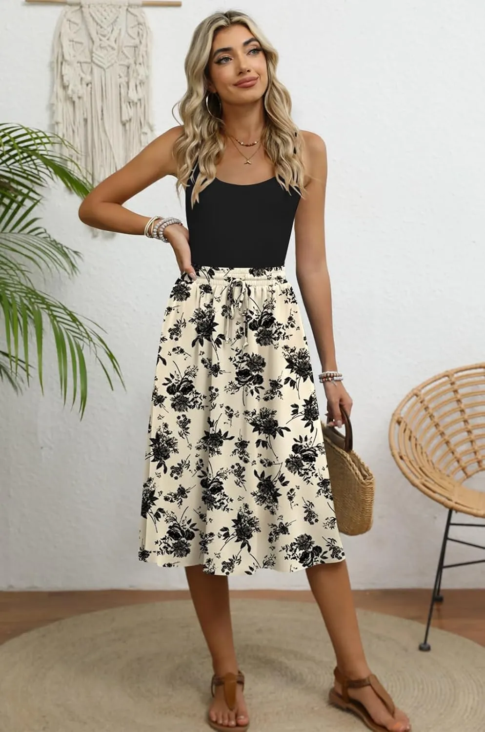 Women's Midi Skirt Summer Pleated Flowy Elastic High Waisted Skirts with Pockets