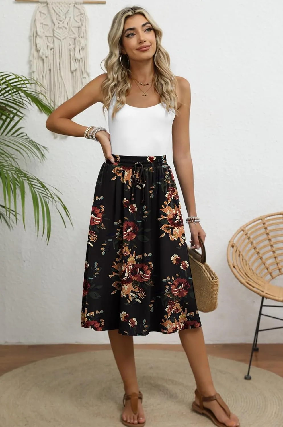 Women's Midi Skirt Summer Pleated Flowy Elastic High Waisted Skirts with Pockets