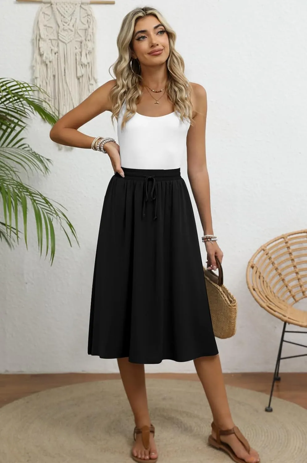 Women's Midi Skirt Summer Pleated Flowy Elastic High Waisted Skirts with Pockets