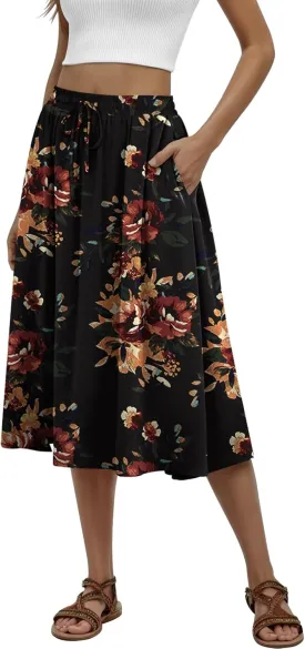 Women's Midi Skirt Summer Pleated Flowy Elastic High Waisted Skirts with Pockets