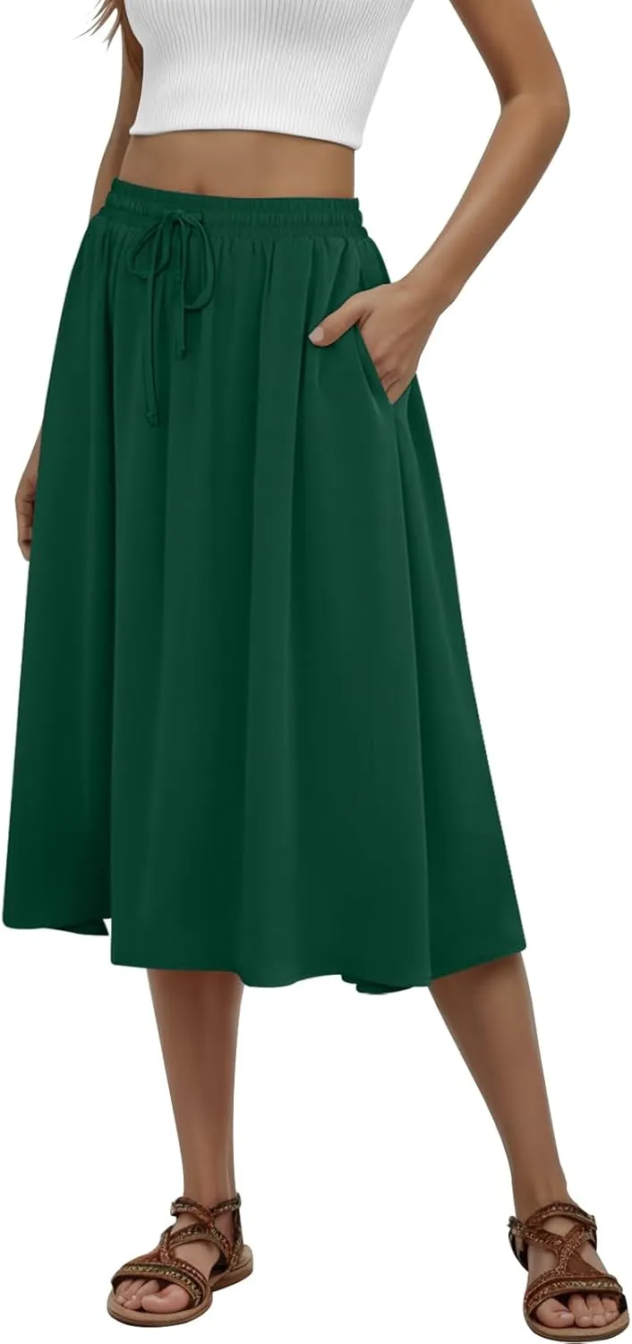 Women's Midi Skirt Summer Pleated Flowy Elastic High Waisted Skirts with Pockets