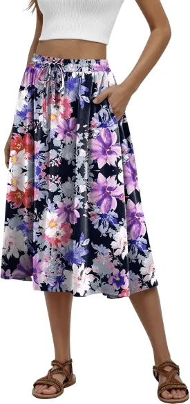 Women's Midi Skirt Summer Pleated Flowy Elastic High Waisted Skirts with Pockets
