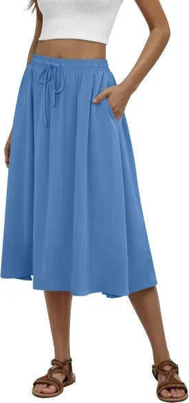 Women's Midi Skirt Summer Pleated Flowy Elastic High Waisted Skirts with Pockets