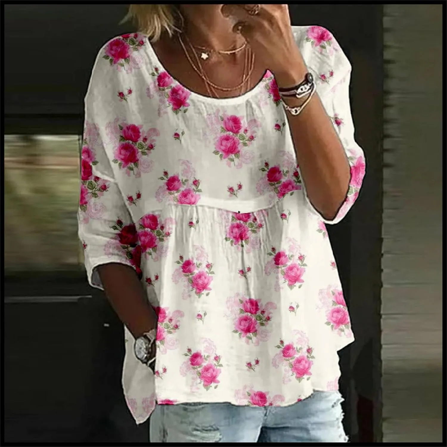 Womens Peasant Boho Tunic Tops 2025 Floral Printed 3/4 Length Sleeve Casual Loose Fit Summer Flowy Babydoll Blouses