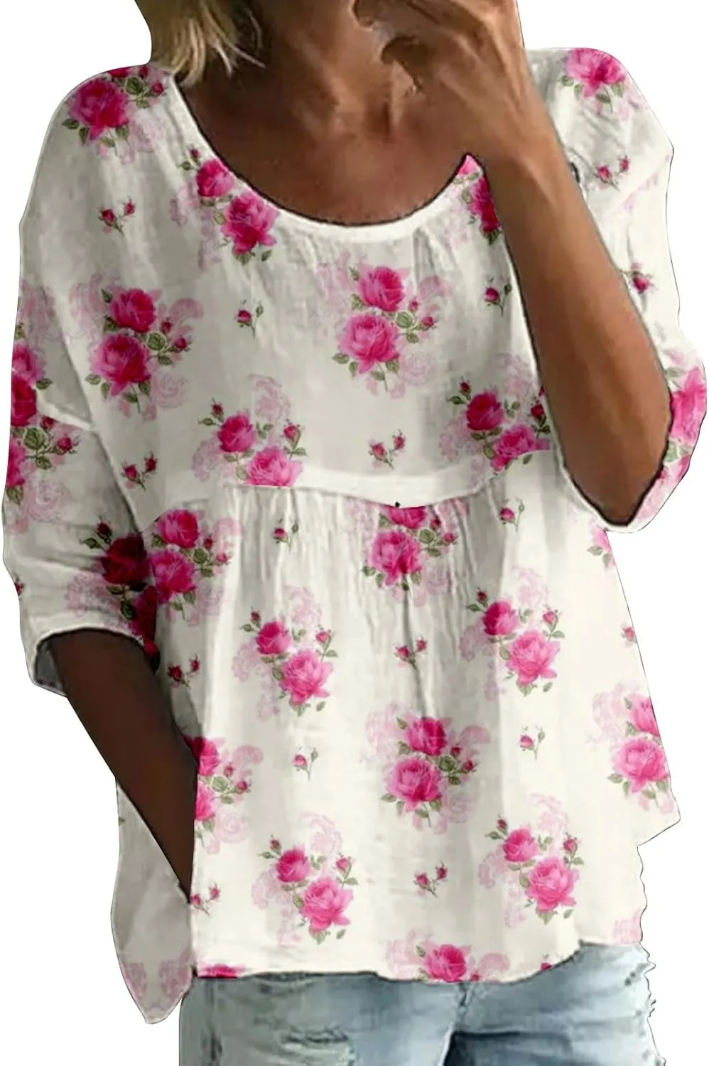 Womens Peasant Boho Tunic Tops 2025 Floral Printed 3/4 Length Sleeve Casual Loose Fit Summer Flowy Babydoll Blouses