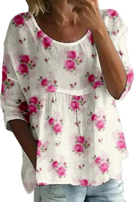 Womens Peasant Boho Tunic Tops 2025 Floral Printed 3/4 Length Sleeve Casual Loose Fit Summer Flowy Babydoll Blouses
