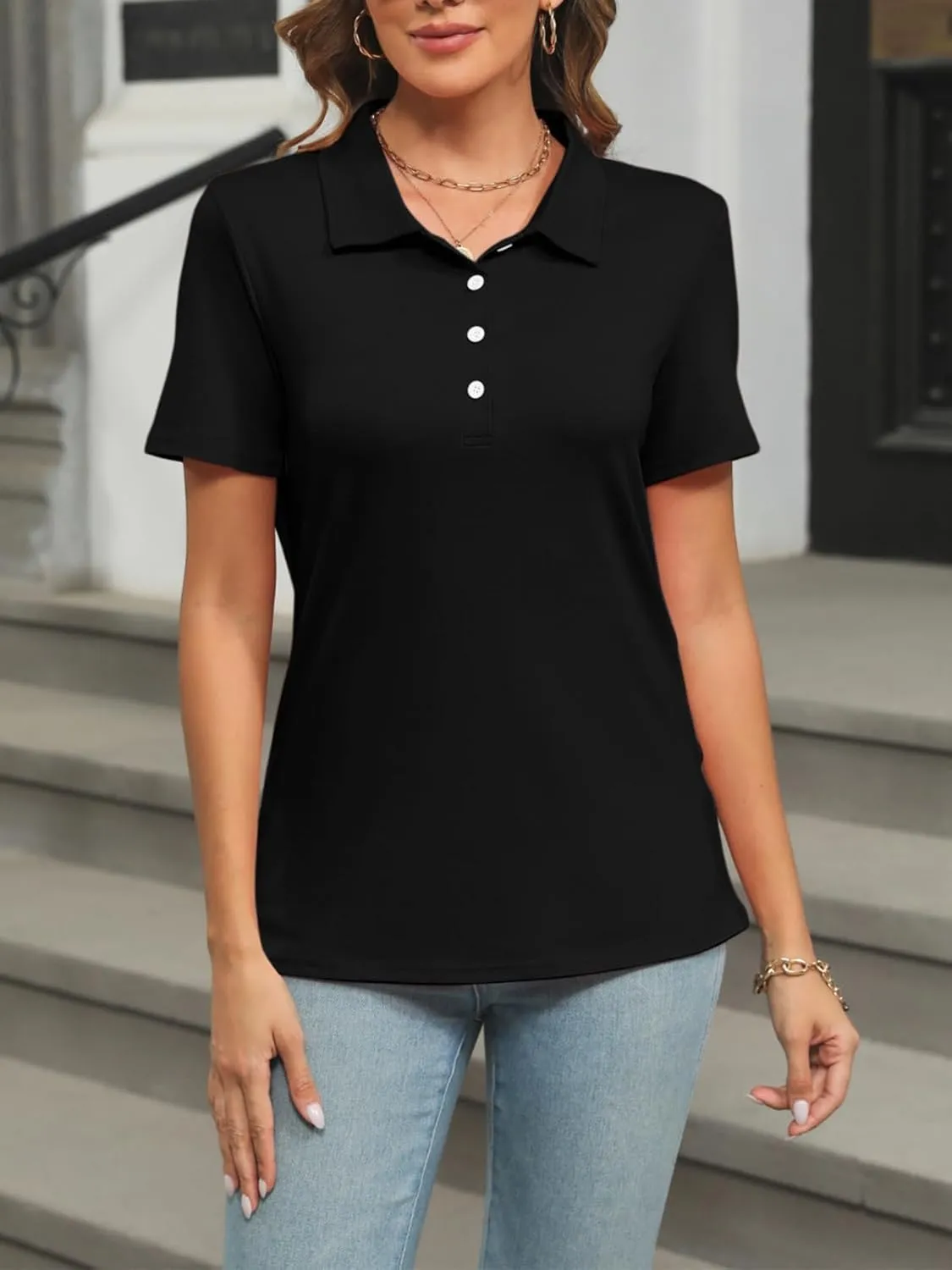 Womens Polo Shirts Short Sleeve Button Lapel Collared Summer Tops Business Casual Basic Tees