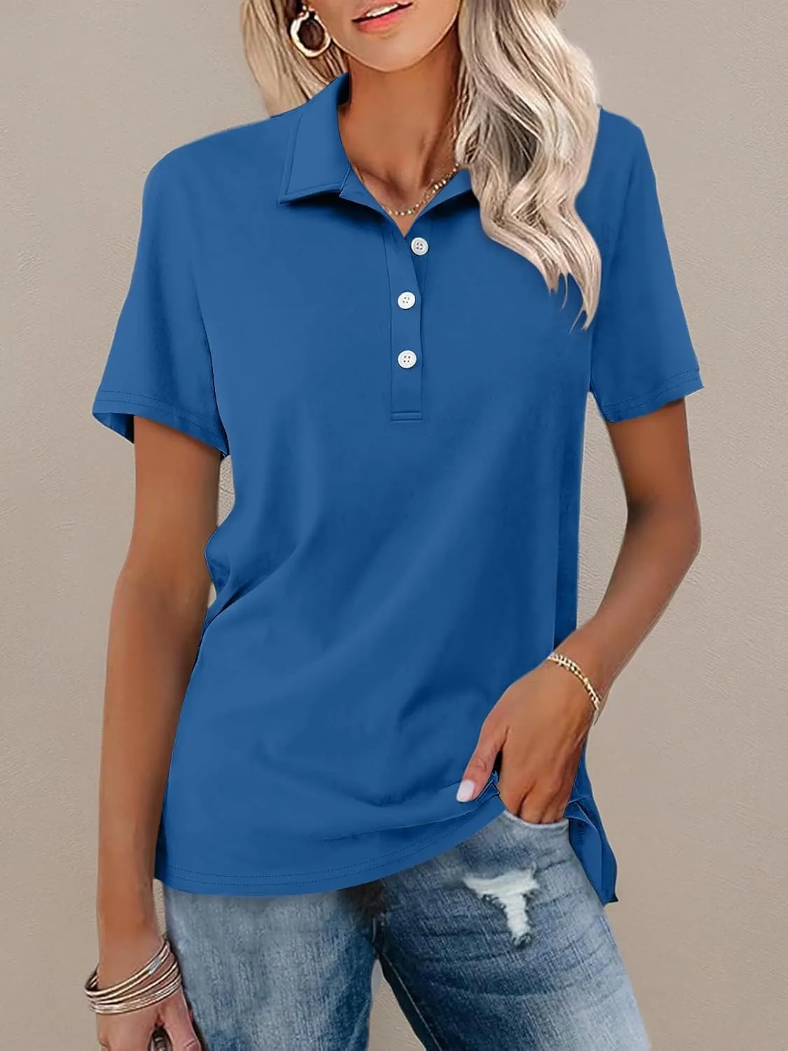 Womens Polo Shirts Short Sleeve Button Lapel Collared Summer Tops Business Casual Basic Tees